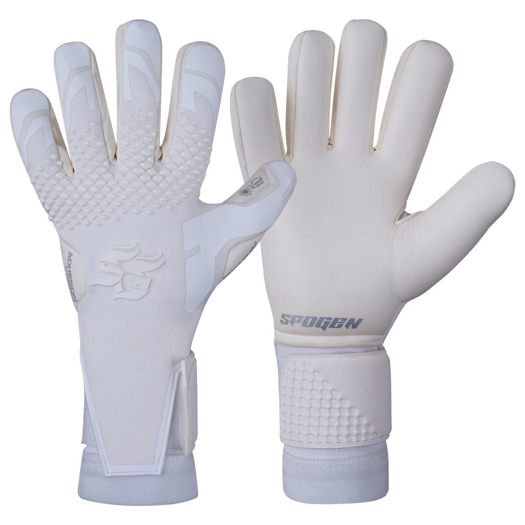 premium pro white soccer goalkeeper gloves with high-grip latex palm, breathable backhand