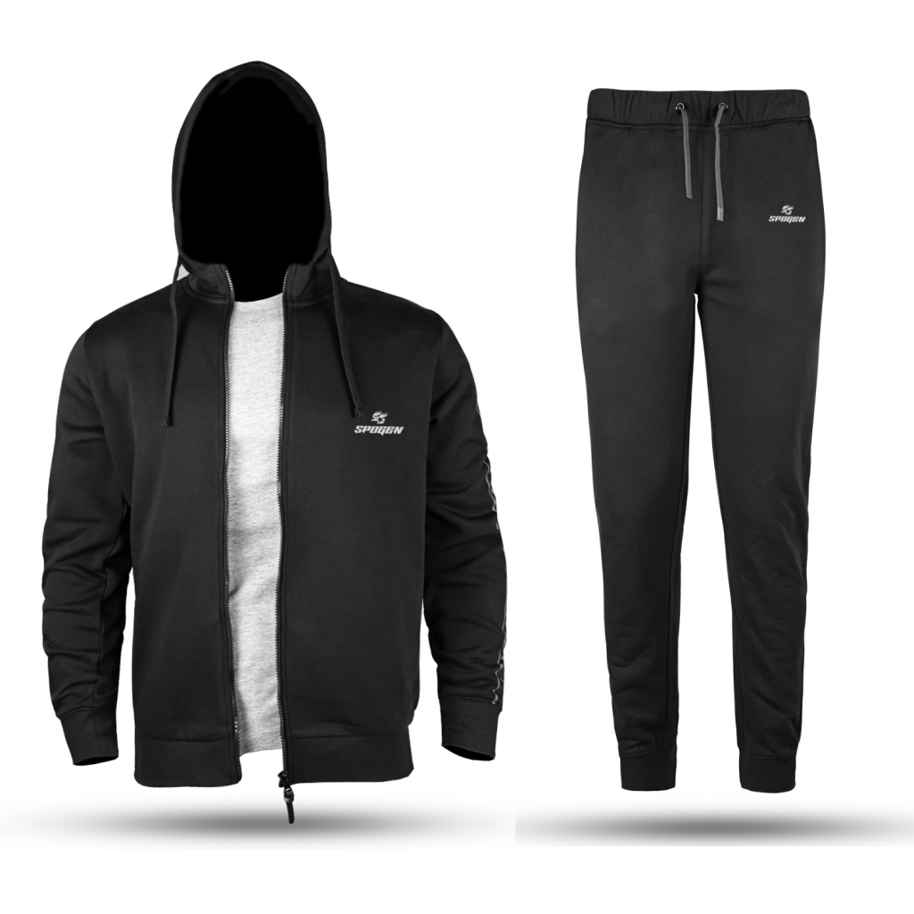 spogen black tracksuit with breathable sportswear fabric, comfortable athletic fit