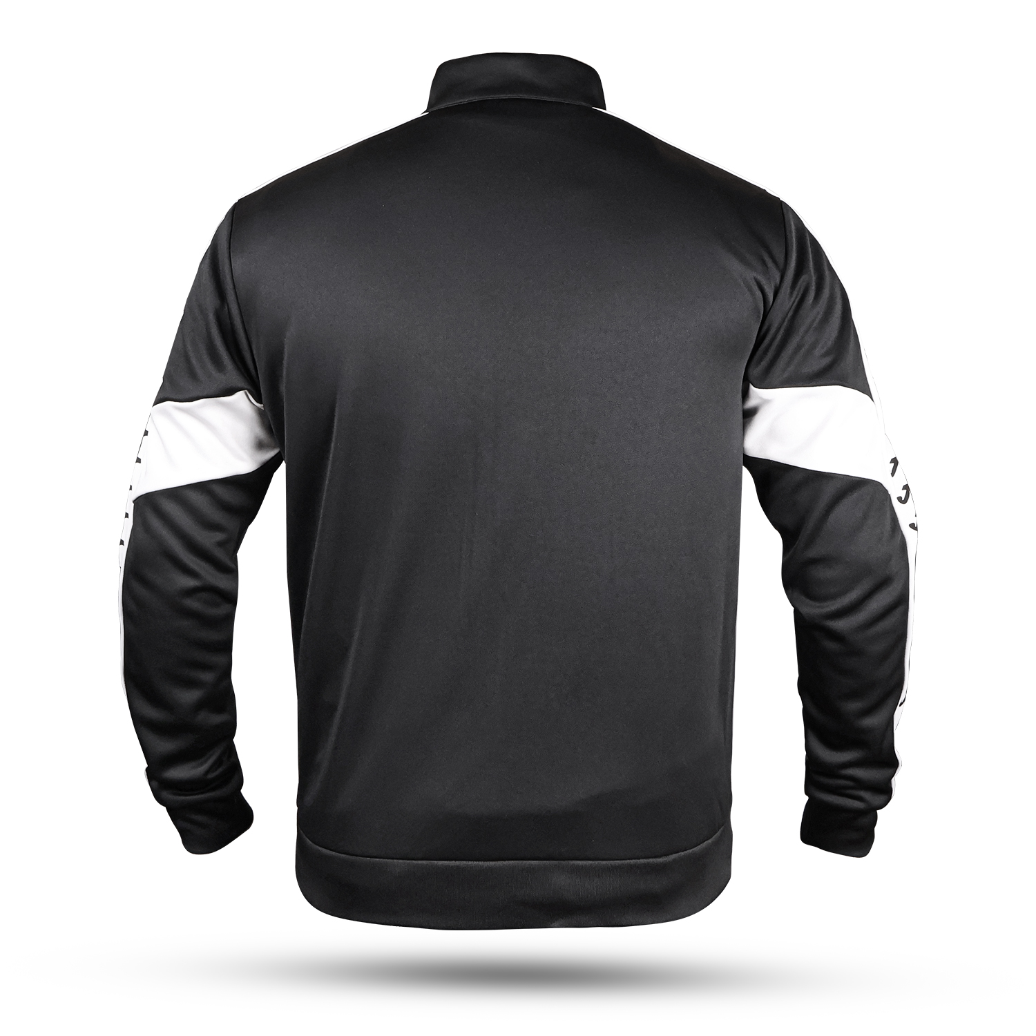 Black and White SpoGen Tracksuit | Bulk Order back view of black and white spogen tracksuit upper, striped sportswear jacket for men and women, premium training tracksuit clothing