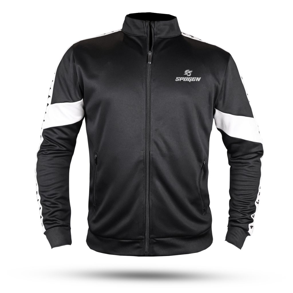 front view of black and white spogen tracksuit, sleek striped sportswear jacket for men and women, premium tracksuit clothing