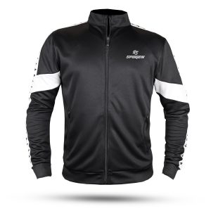 front view of black and white spogen tracksuit, sleek striped sportswear jacket for men and women, premium tracksuit clothing