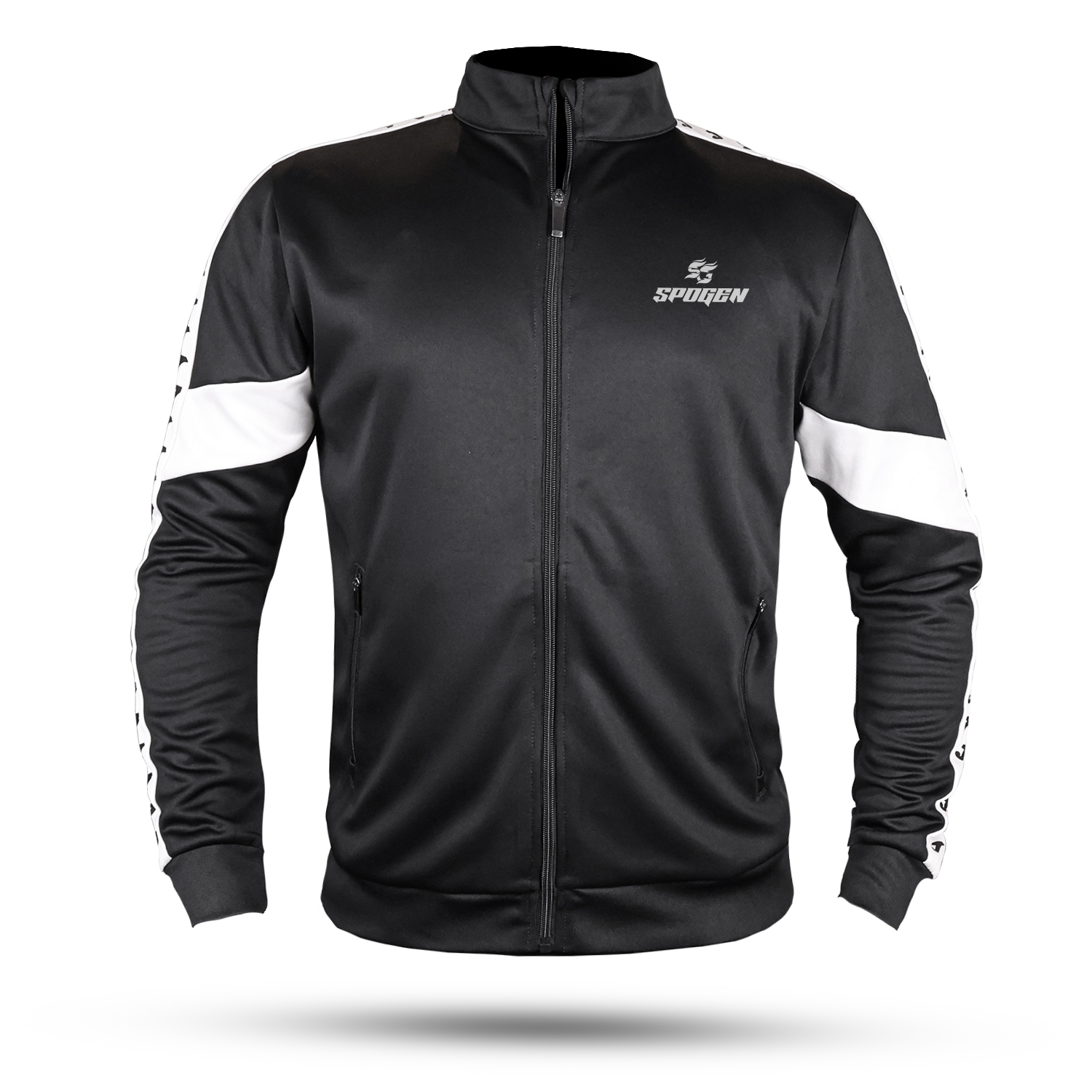 Black and White SpoGen Tracksuit | Bulk Order front view of black and white spogen tracksuit, sleek striped sportswear jacket for men and women, premium tracksuit clothing