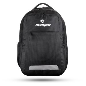 spogen branded black backpack with waterproof design, laptop compartment and smart storage sports backpack for travel, gym