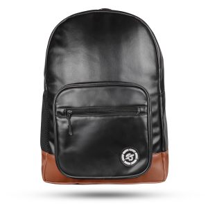 Front view of SpoGen black and brown leather backpack, handmade, full-grain leather