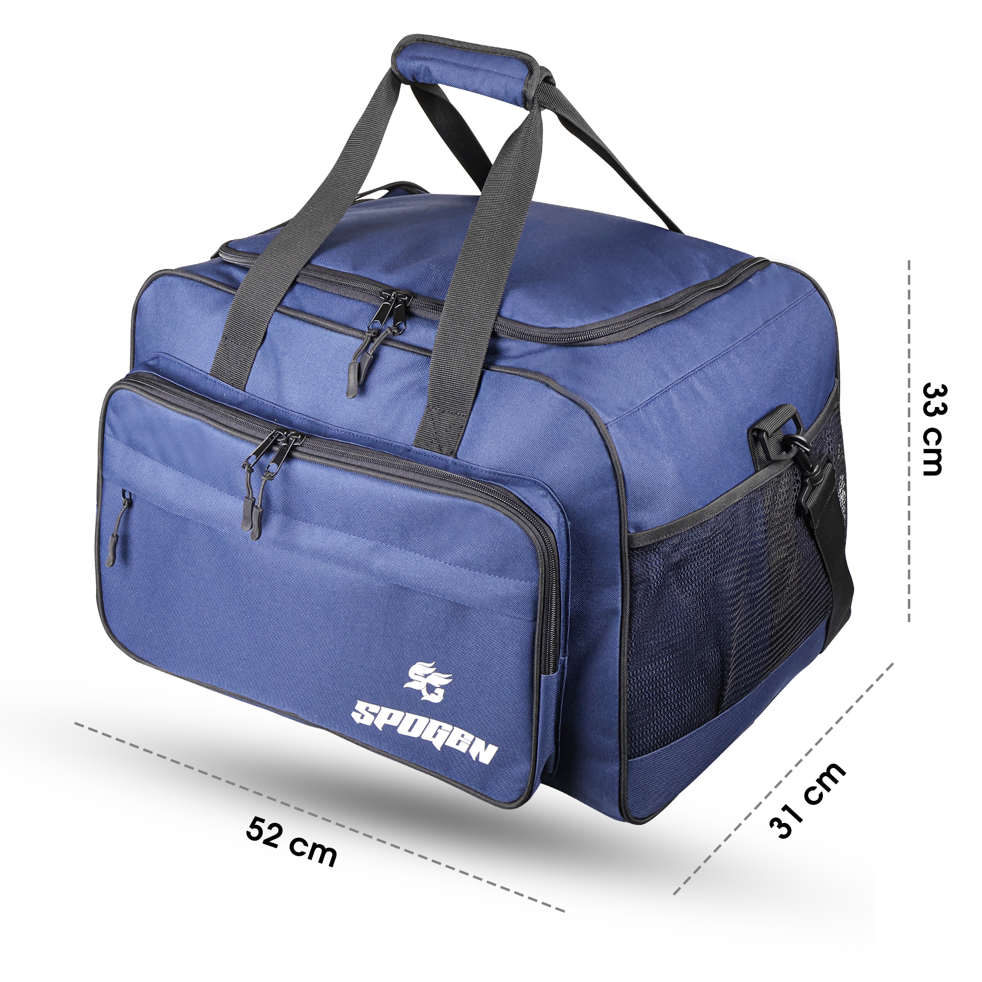 SpoGen Polyester Branded Duffle Bag | Bulk Order spogen polyester branded duffle bag measurement view showing size, dimensions and spacious design