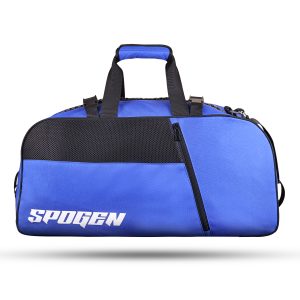 spogen premium blue duffle bag with durable design, spacious compartments, and stylish finish, ideal for gym, sports and team use.