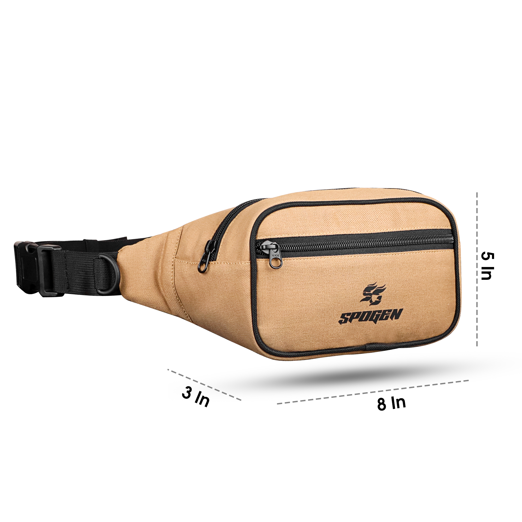 SpoGen Tan Canvas Waist Bag | Bulk Order SpoGen Tan Canvas Waist Bag measurement guide, showing size details of the running waist bag for travel, hiking and everyday use