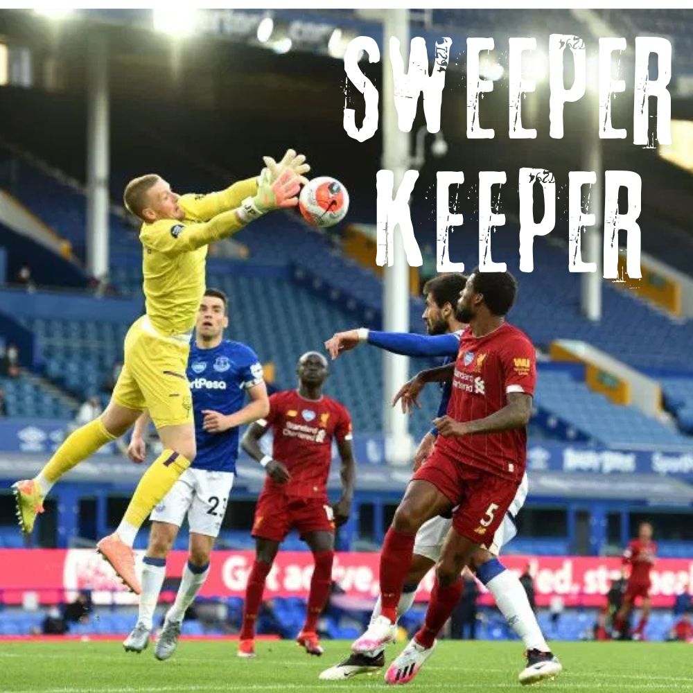 Sweeper keeper in soccer clearing the ball outside the penalty area