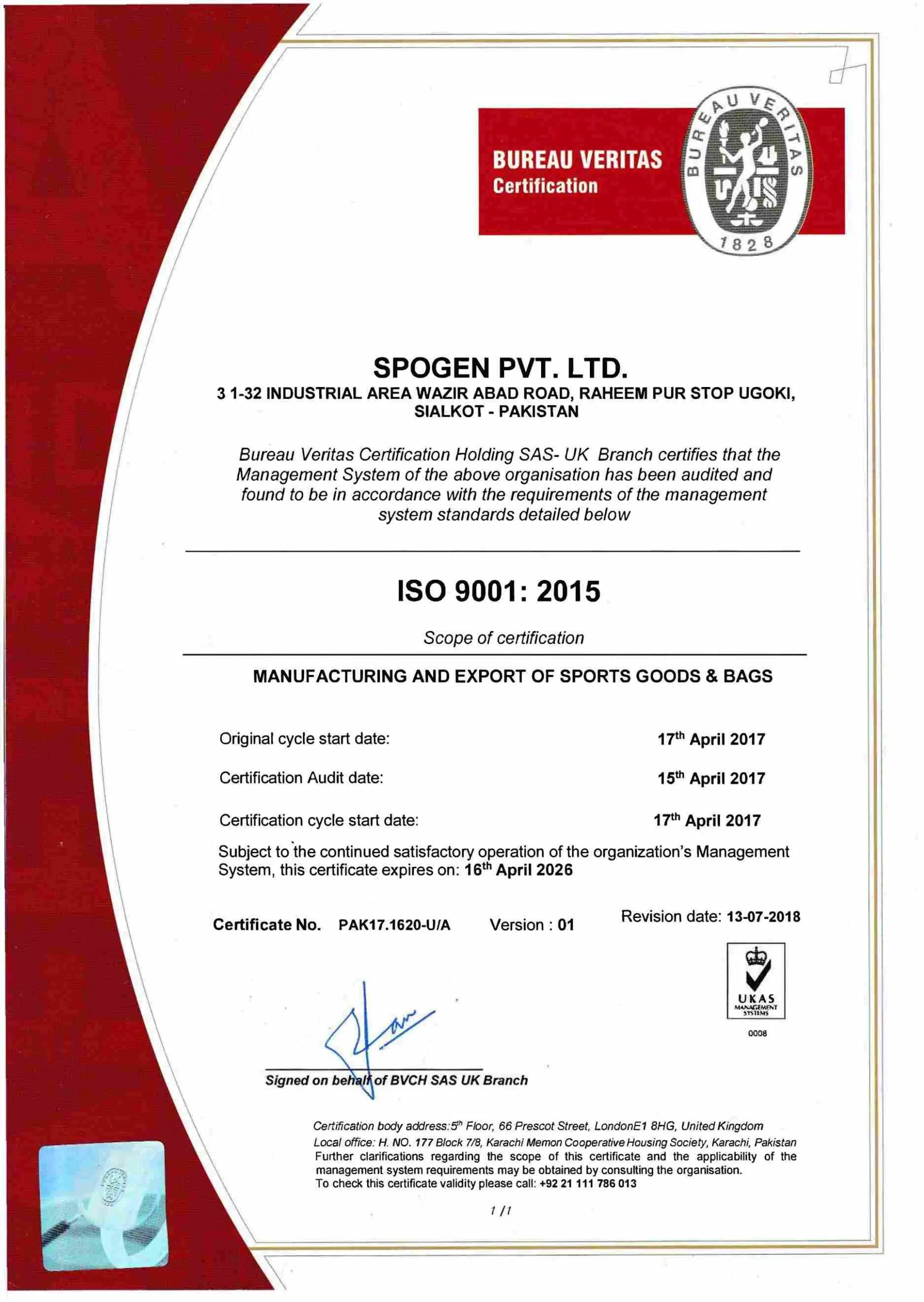 Spogen OHSAS 18001 Certificate 1