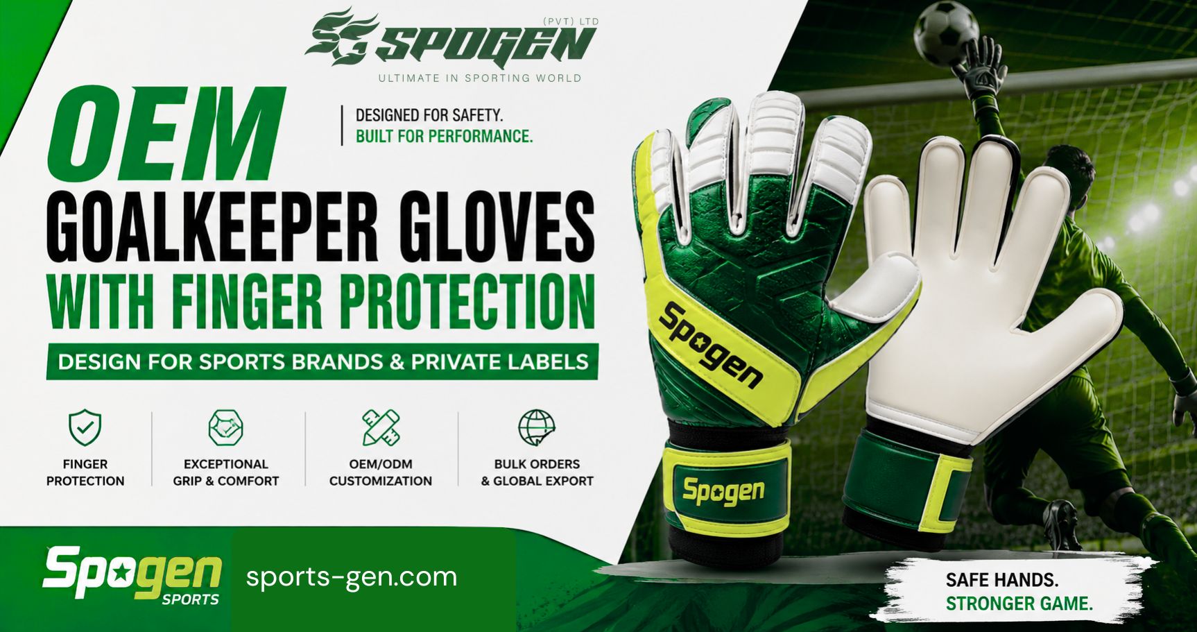 OEM Goalkeeper Gloves with Finger Protection Design for Sports Brands and Private Labels OEM Goalkeeper Gloves with Finger Protection design by spogen sports for sports brands, private label manufacturing