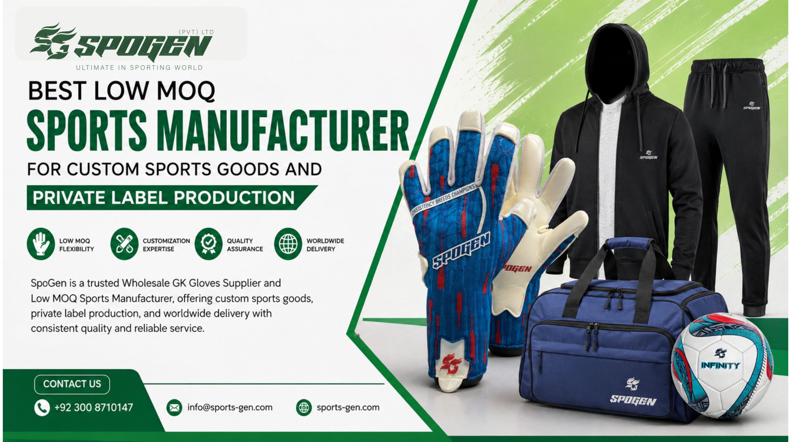 Best Low MOQ Sports Manufacturer for Custom Sports Goods and Private Label Production this image shows that spogen is a low moq sports manufacturer