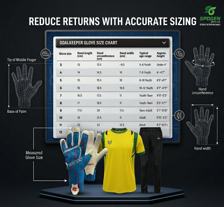 this image shows that spogen is a complete sizing goalkeeper equipment guider