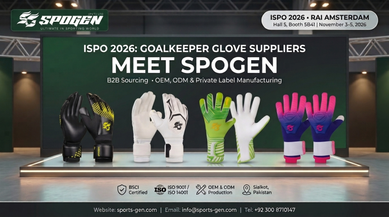 spogen goalkeeper glove manufacturer booth banner for ispo 2026 rai amsterdam, hall 5 booth 5b41, bsci and iso certified