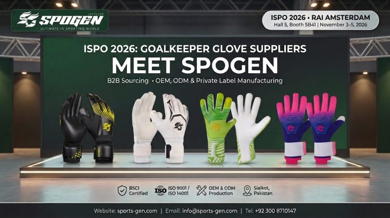 spogen goalkeeper glove manufacturer booth banner for ispo 2026 rai amsterdam, hall 5 booth 5b41, bsci and iso certified