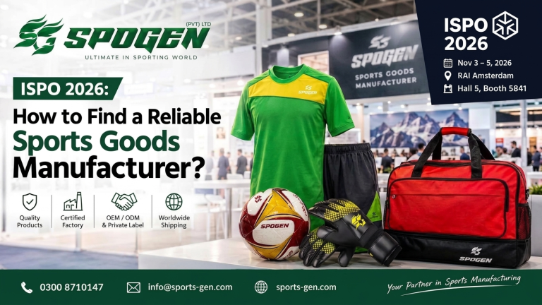 spogen, ispo 2026 sports goods manufacturer banner with a jersey, soccer ball, goalkeeper gloves, and bag.