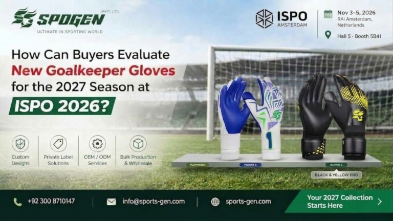 buyers evaluating new goalkeeper gloves for the 2027 season at ispo 2026