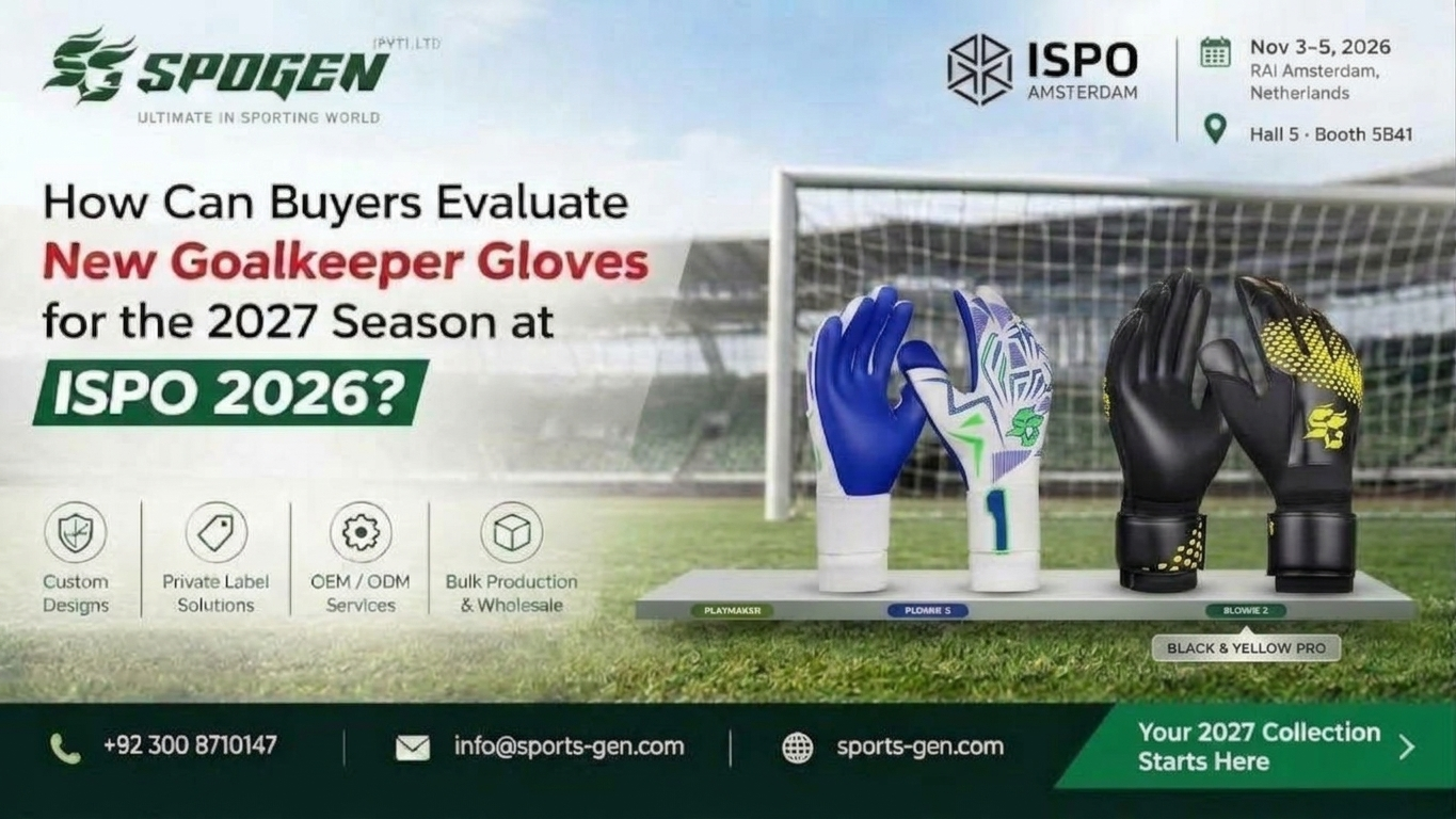 buyers evaluating new goalkeeper gloves for the 2027 season at ispo 2026