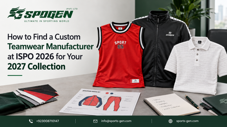 spogen custom teamwear manufacturer banner featuring a sports jersey, track jacket and polo for the 2027 collection at ispo 2026.