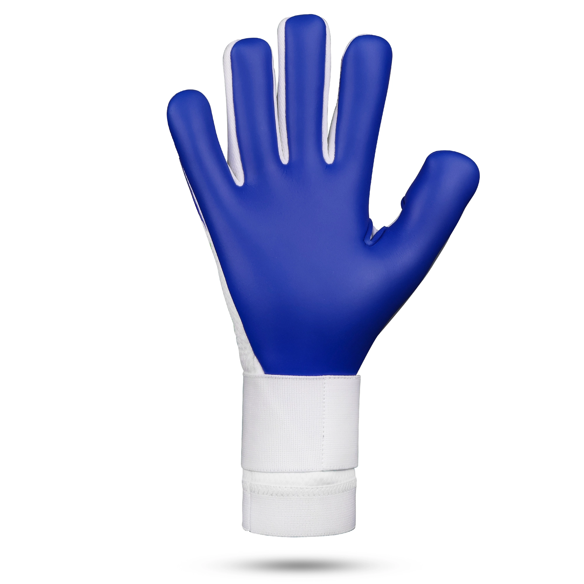 Fusion Pulse Goalkeeper Gloves in Bulk blue supersoft latex palm of the fusion pulse goalkeeper glove with a white wrist cuff.