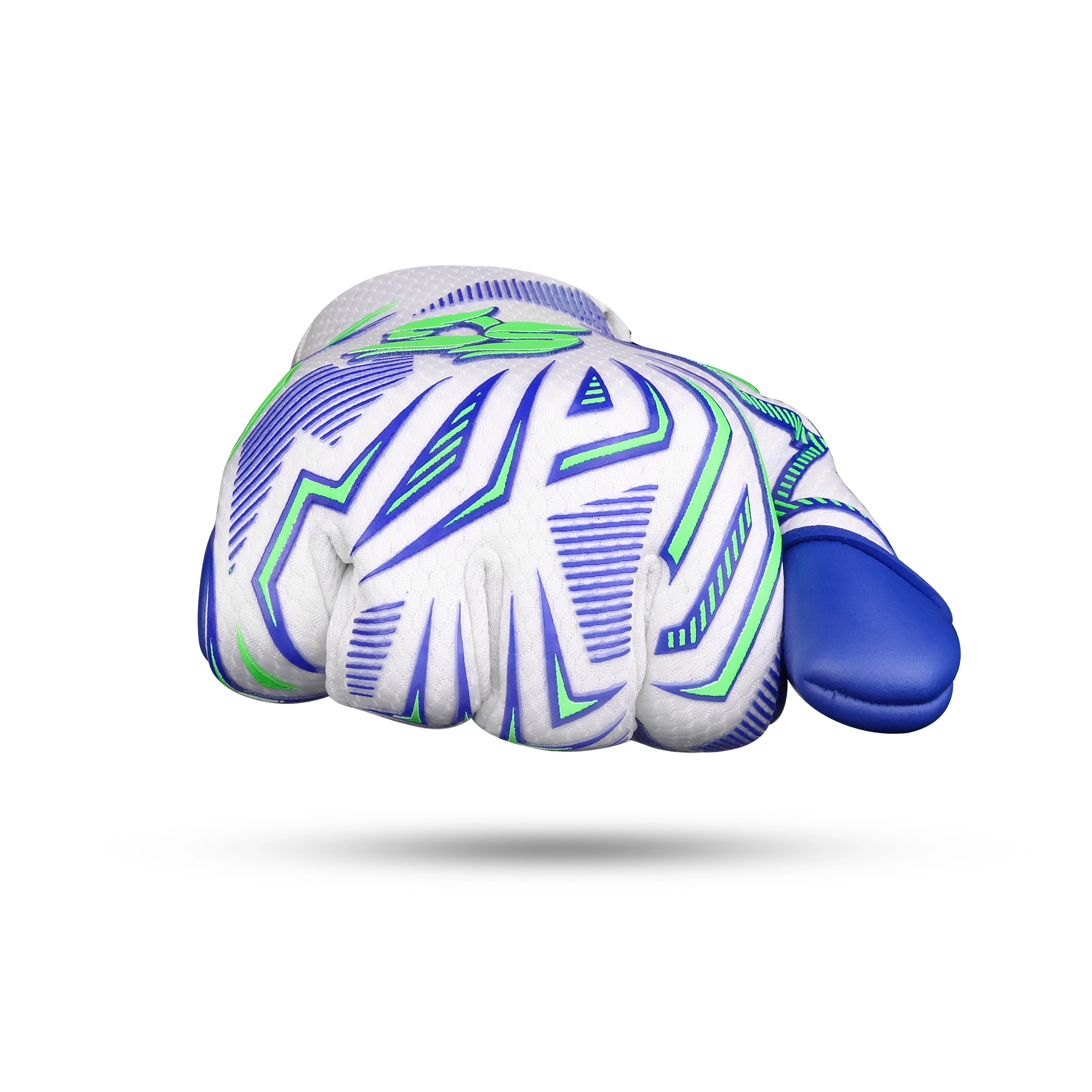Fusion Pulse Goalkeeper Gloves in Bulk close-up of the fusion pulse goalkeeper gloves showing the blue and white finger panels and printed backhand graphics.
