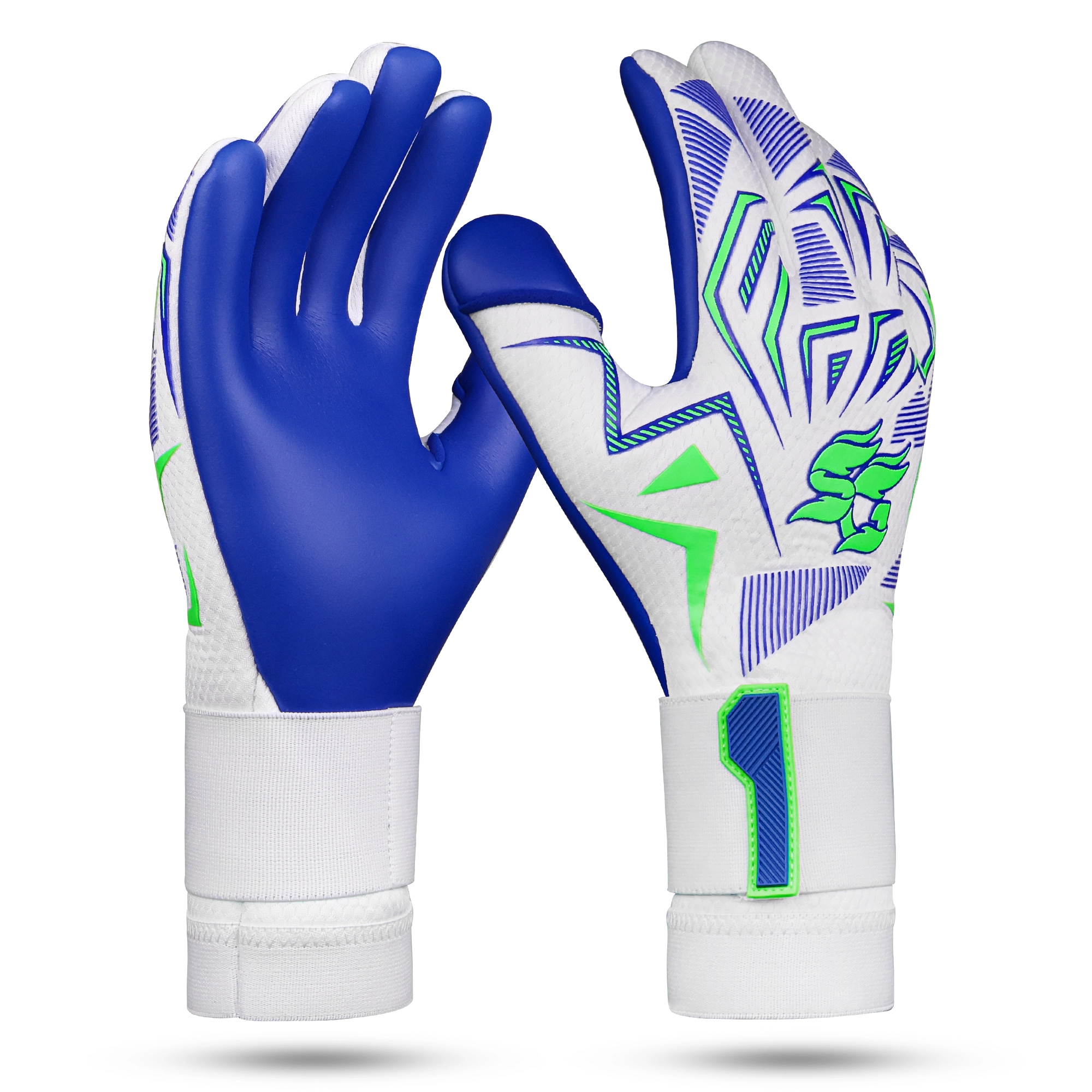 Fusion Pulse Goalkeeper Gloves in Bulk white, blue and neon-green Fusion Pulse goalkeeper gloves showing the palm and backhand.